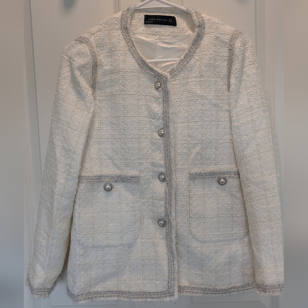 Zara White Tweed Blazer with Silver Accents